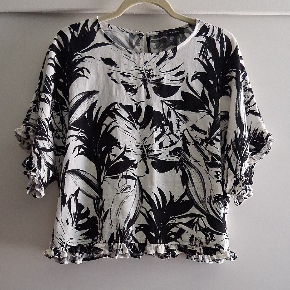 Tahari 100% Linen Palm Leaf Pattern Ruffle Trim Top Blouse M Boho Abstract